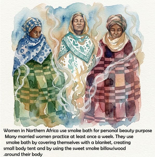 Watercolour painting of three women wrapped in patterned cloth, smoke rising around each of them.